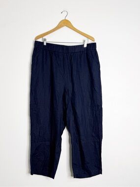 Quince 100% Linen Pull On Crop Pants Navy Blue 1X Wide Leg Pockets
